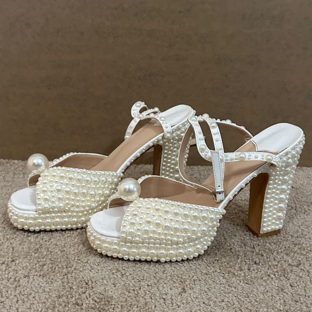 Elegant Pearl-Embellished White Heels
